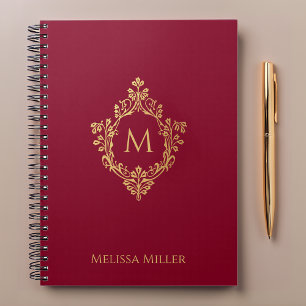 Burgundy Monogram Vintage Faux Gold Crest Name Notebook
