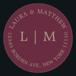 Burgundy Monogram Wedding Classic Round Sticker<br><div class="desc">Modern and minimalist wedding Sticker featuring your two initial monogram and address. A simple design that still comes across as chic and stylish. These envelopes are a great way to add an elegant touch to your wedding invitation suite.</div>