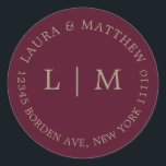 Burgundy Monogram Wedding Classic Round Sticker<br><div class="desc">Modern and minimalist wedding Sticker featuring your two initial monogram and address. A simple design that still comes across as chic and stylish. These envelopes are a great way to add an elegant touch to your wedding invitation suite.</div>