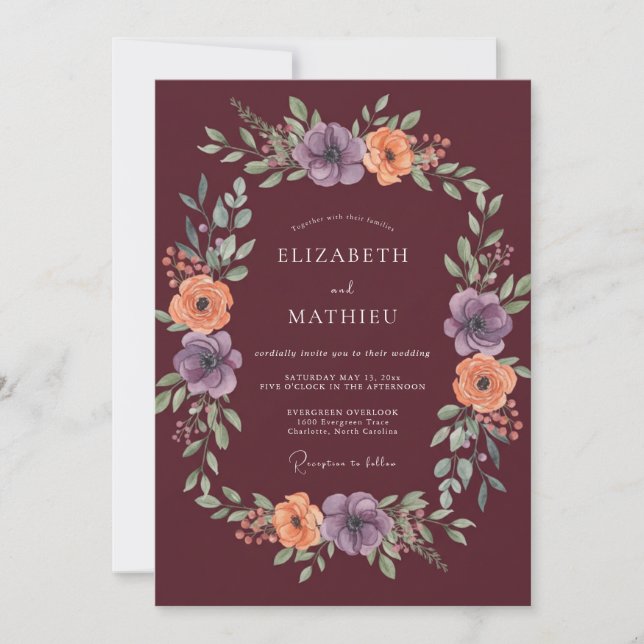 Burgundy Moody Anemone Fall Wedding Invitation (Front)