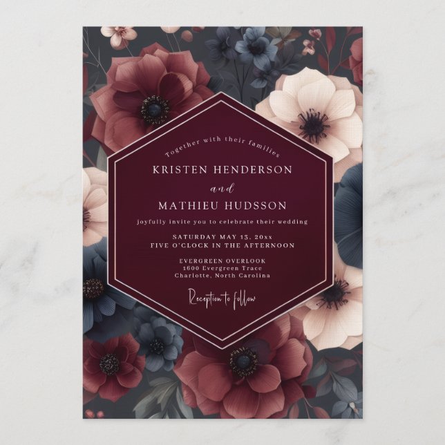 Burgundy Moody Anemone Wedding Invitation (Front)
