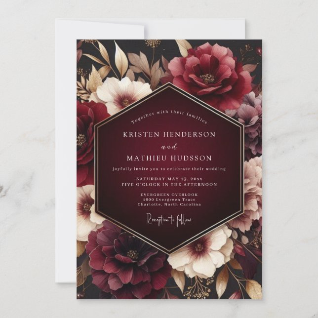 Burgundy Moody Bloom Romance Wedding Invitation (Front)