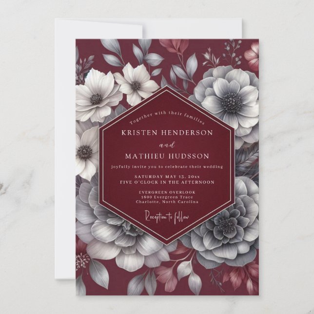 Burgundy Moody Bloom Romance Wedding Invitation (Front)