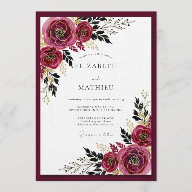 Burgundy Moody Bloom Wedding Invitation (Front)