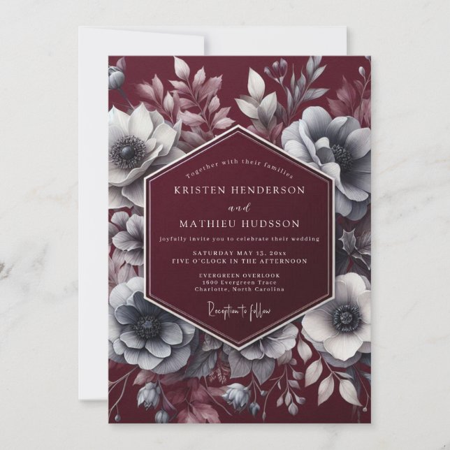 Burgundy Moody Bloom Wedding Invitation (Front)
