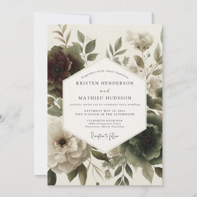Burgundy Moody Botanical Wedding Invitation (Front)