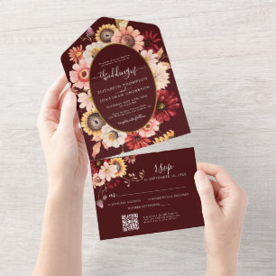 Burgundy Moody Fall Floral Gold QR RSVP Wedding All In One Invitation