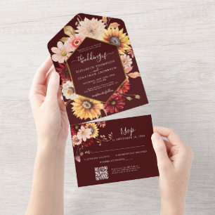 Burgundy Moody Fall Gold Floral QR RSVP Wedding All In One Invitation