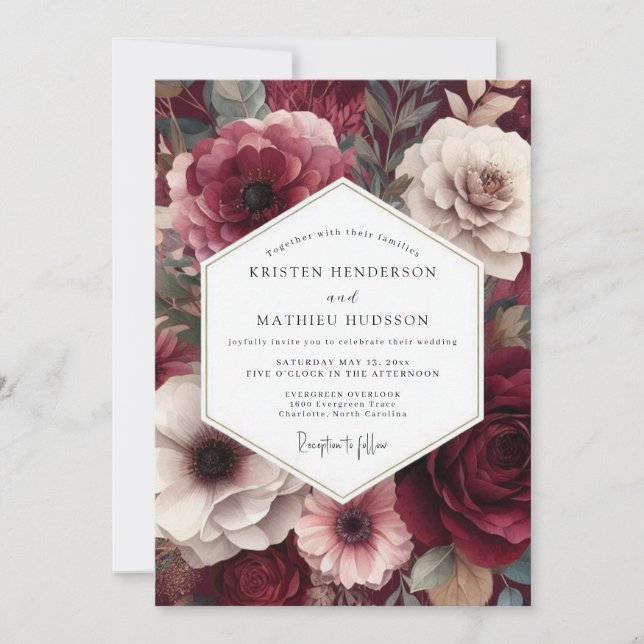 Burgundy Moody Floral Wedding Invitation (Front)