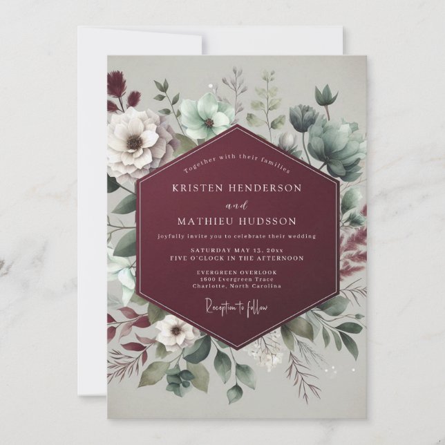 Burgundy Moody Succulent Wedding Invitation (Front)
