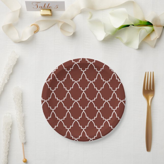 Burgundy Moroccan Lattice Pattern  Paper Plate (Wedding)