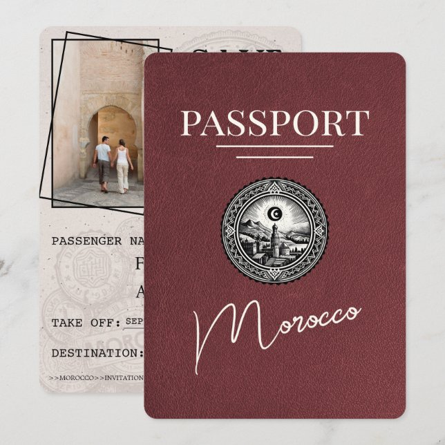 Burgundy Morocco Passport Save The Date (Front/Back)