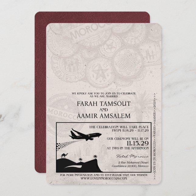 Burgundy Morocco Passport Wedding Invitation (Front/Back)