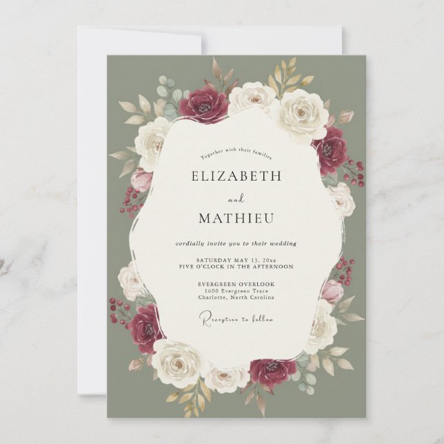 Burgundy Moss Foliage Wedding Invitation (Front)