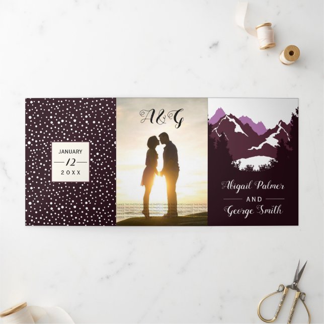 Burgundy mountains and trees photo winter wedding Tri-Fold invitation (Outside)