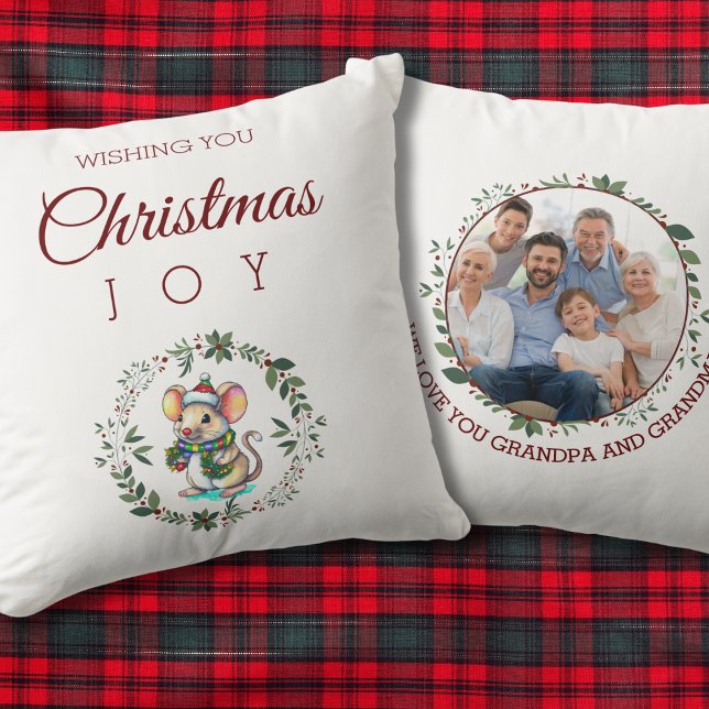 Burgundy Mouse Grandparent Photo Christmas Wreath Cushion (Creator Uploaded)