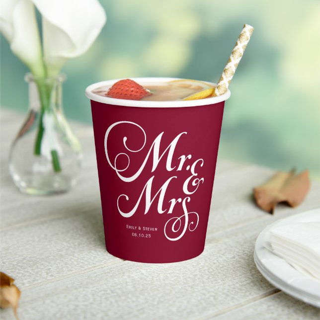 Burgundy Mr. & Mrs. personalised rustic wedding Paper Cups (Insitu)