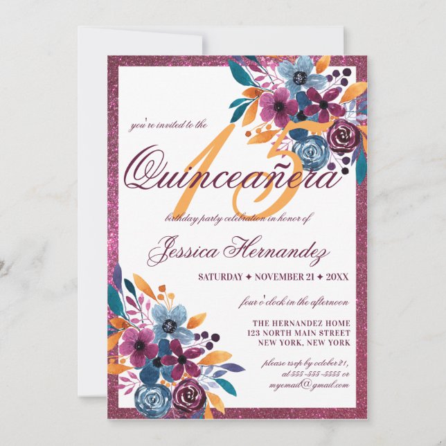 Burgundy Mustard Watercolor Flower Quinceañera Invitation (Front)