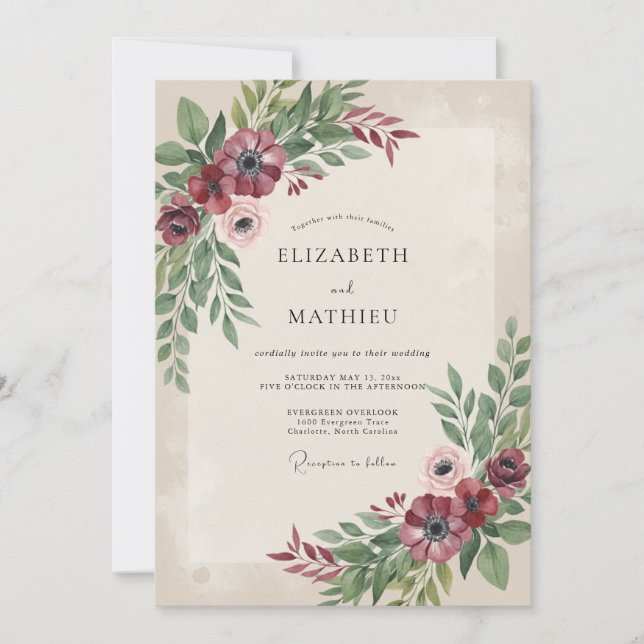 Burgundy Muted Floral Wedding Invitation (Front)
