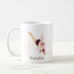 Burgundy Name and Pink Floral Monogram Letter N Coffee Mug
