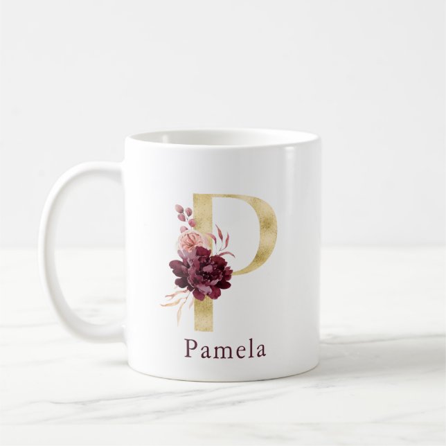 Burgundy Name and Pink Floral Monogram Letter P Coffee Mug (Left)