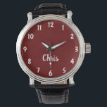 Burgundy, Name, Black Vintage Leather Band Wrist Watch<br><div class="desc">This vintage simple minimalist mens wrist watch is decorated with a burgundy background, white letters, rugged black leather band, and personalised with your name. You can easily change the name and delete the numbers if desired. What a wonderful gift for him - a groomsman, best man, graduation, father's day, birthday,...</div>