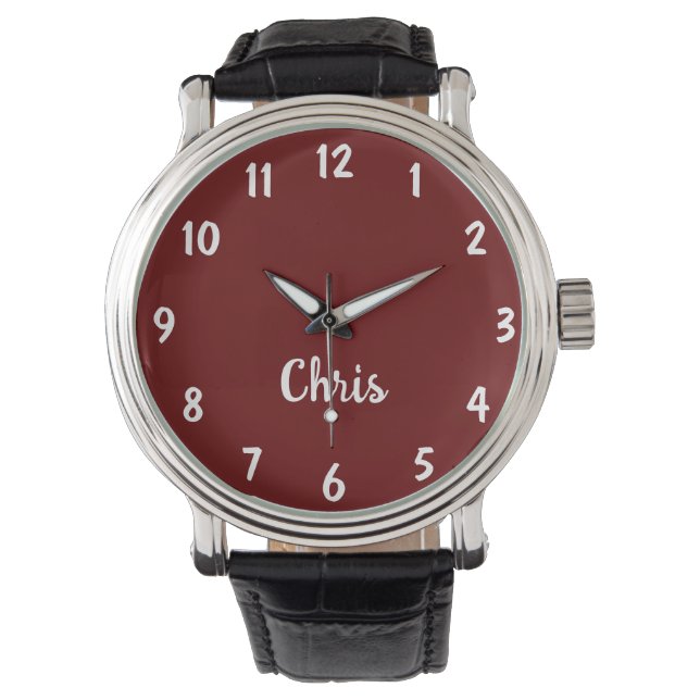 Burgundy, Name, Black Vintage Leather Band Wrist Watch (Front)