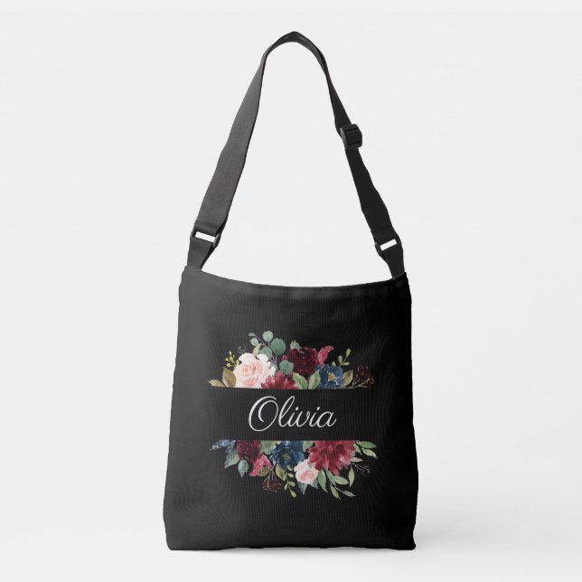 Burgundy Name Floral Elegant Pretty Watercolor Crossbody Bag (Front)
