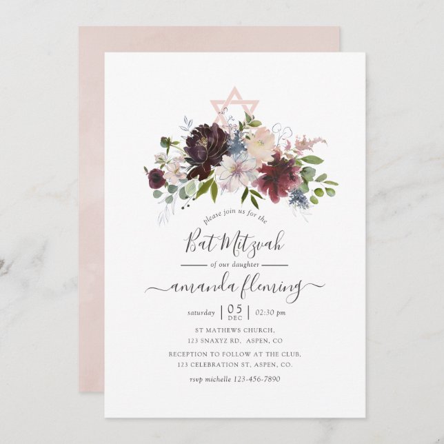 Burgundy, Navy and Blush Bat Mitzvah Invitation (Front/Back)