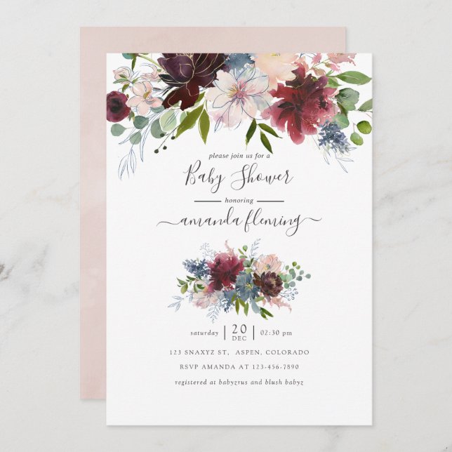 Burgundy, Navy and Blush Floral Baby Shower Invitation (Front/Back)