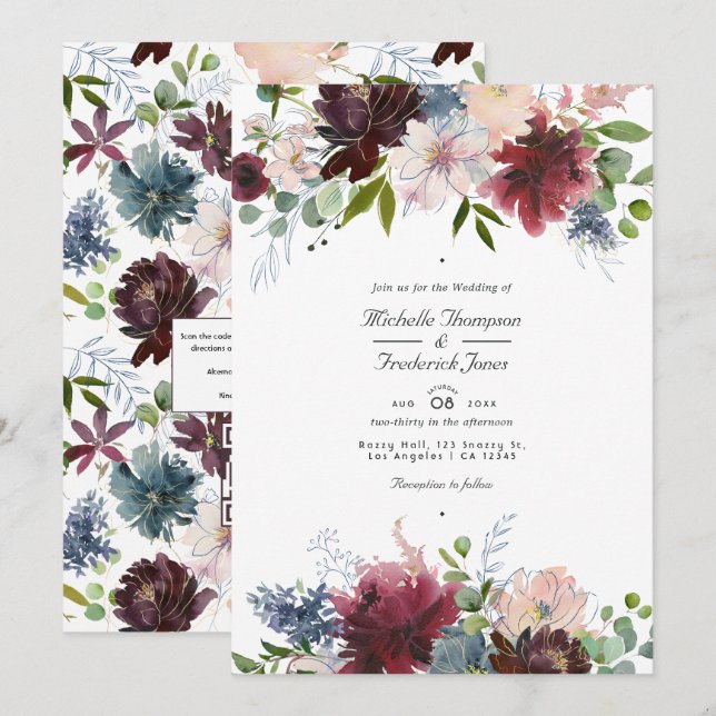 Burgundy, Navy and Blush Floral QR Code Wedding Invitation (Front/Back)