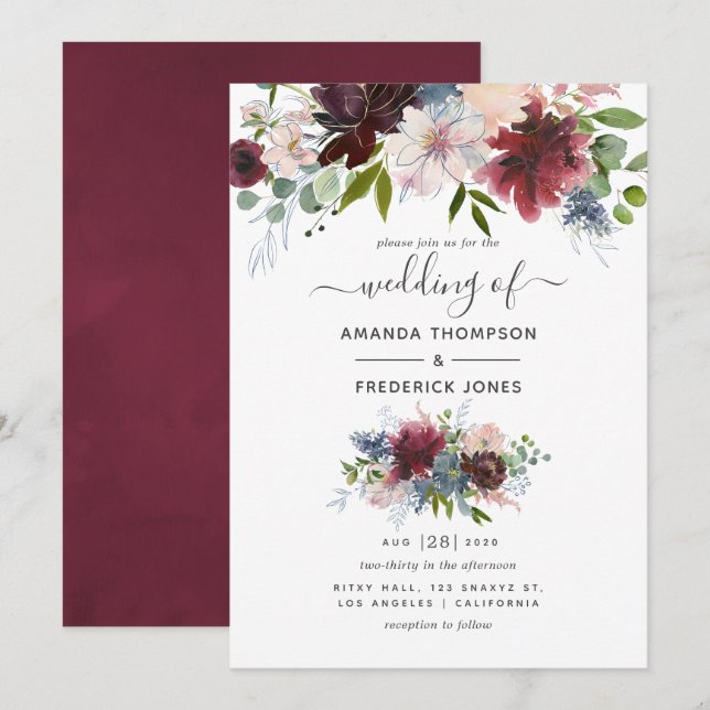 Burgundy, Navy and Blush Floral Wedding Invitation (Front/Back)