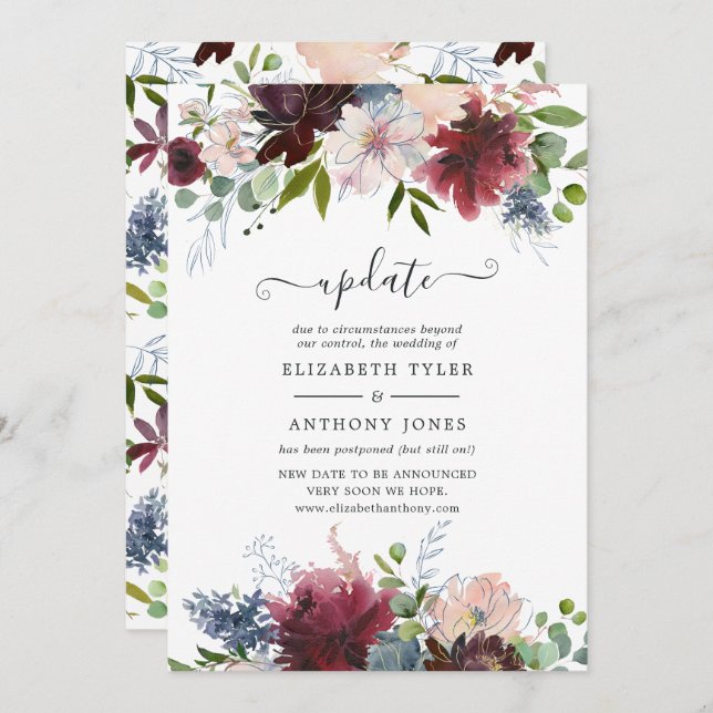 Burgundy, Navy and Blush Floral Wedding Update Invitation (Front/Back)