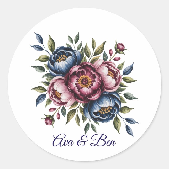 Burgundy Navy and Blush Peony Wedding Floral Classic Round Sticker (Front)