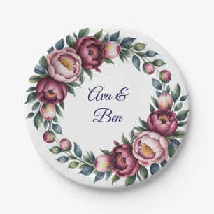 Burgundy Navy and Blush Peony Wedding Floral Paper Plate