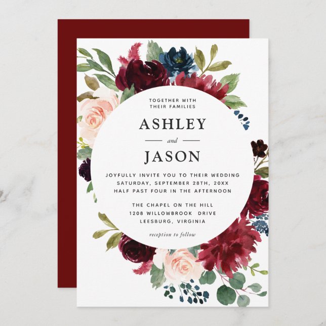 Burgundy Navy and Blush Watercolor Floral Wedding Invitation (Front/Back)