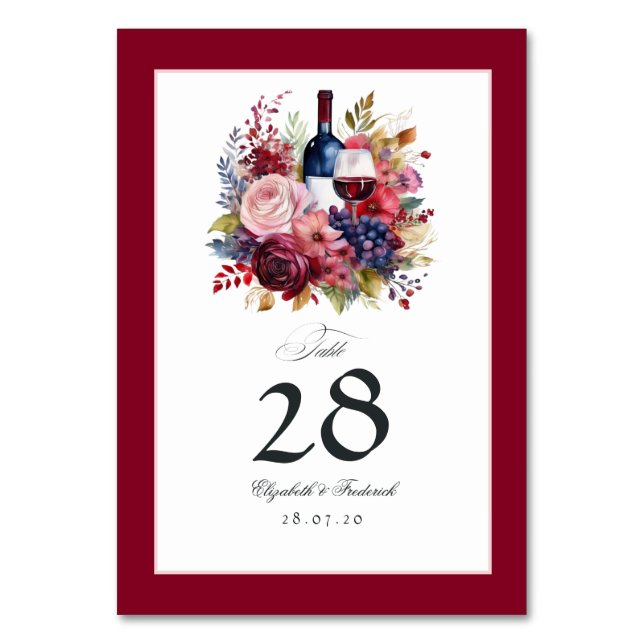 Burgundy, Navy and Blush Wine Tasting Wedding Table Number (Front)