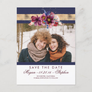 Burgundy Navy and Gold Floral Save the Date Announcement Postcard