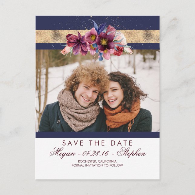 Burgundy Navy and Gold Floral Save the Date Announcement Postcard (Front)