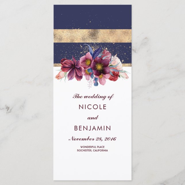 Burgundy Navy and Gold Floral Wedding Programs Programme (Front)