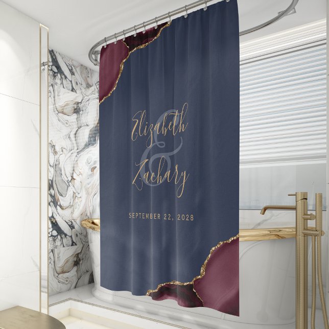 Burgundy Navy Blue Agate Gold Wedding Shower Curtain (Creator Uploaded)