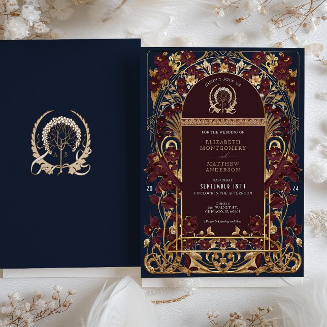 Burgundy Navy Blue & Antique Gold Floral Wedding Invitation (Creator Uploaded)