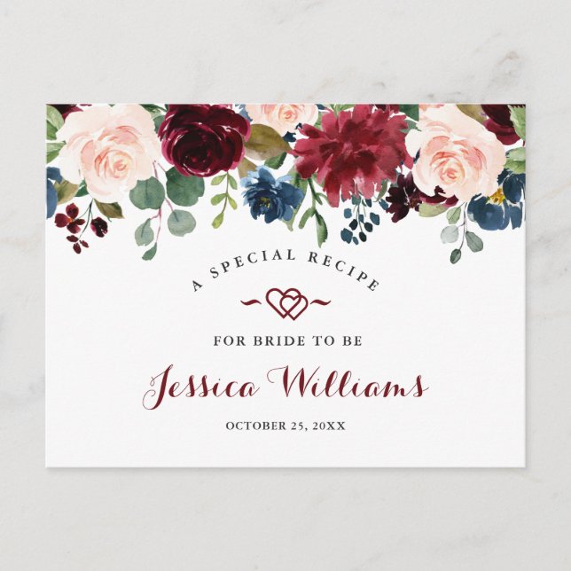 Burgundy Navy Blue Blush Bridal Shower Recipe Card (Front)