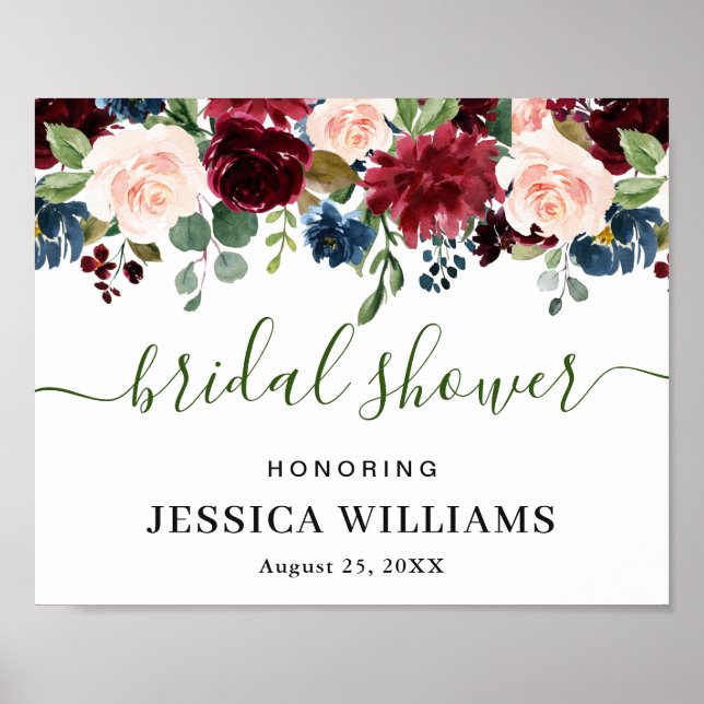 Burgundy Navy Blue Blush BRIDAL SHOWER Welcome Poster (Front)