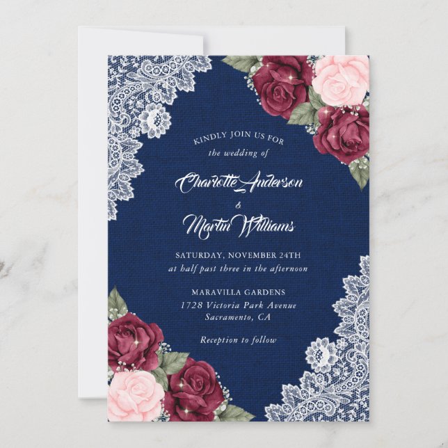Burgundy Navy Blue Blush Burlap Floral Wedding Invitation (Front)
