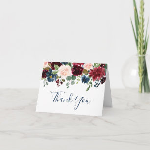 Burgundy Navy Blue Blush Floral Boho Thank You Card