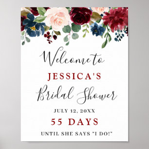 Burgundy Navy Blue Blush Floral Bridal Shower Post Poster