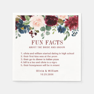 Burgundy Navy Blue Blush Floral Fun Facts Wedding Napkin