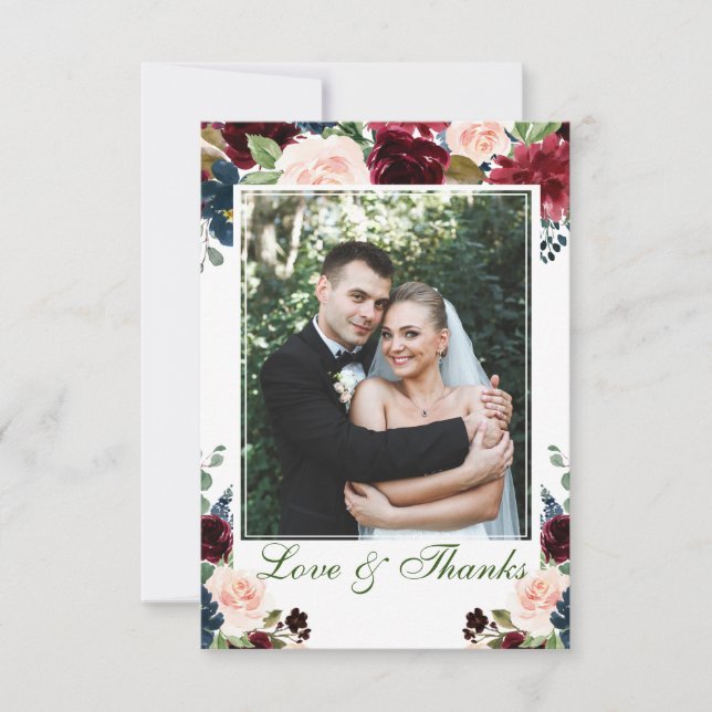Burgundy Navy Blue Blush Floral PHOTO Wedding Thank You Card (Front)