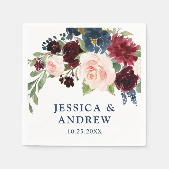 Burgundy Navy Blue Blush Floral Rustic Wedding Napkin (Front)
